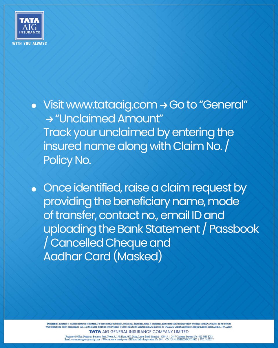 TATAAIGIndia's tweet photo. A simple search could bring peace of mind home.
To check if any unclaimed amount is waiting for you or your family, visit our website or the official IRDAI (Indian Regulatory and Development Authority of India) website.
#TATAAIG #BimaBharosa #UnclaimedAmount #InsuranceAwareness #ClaimWhatIsYours