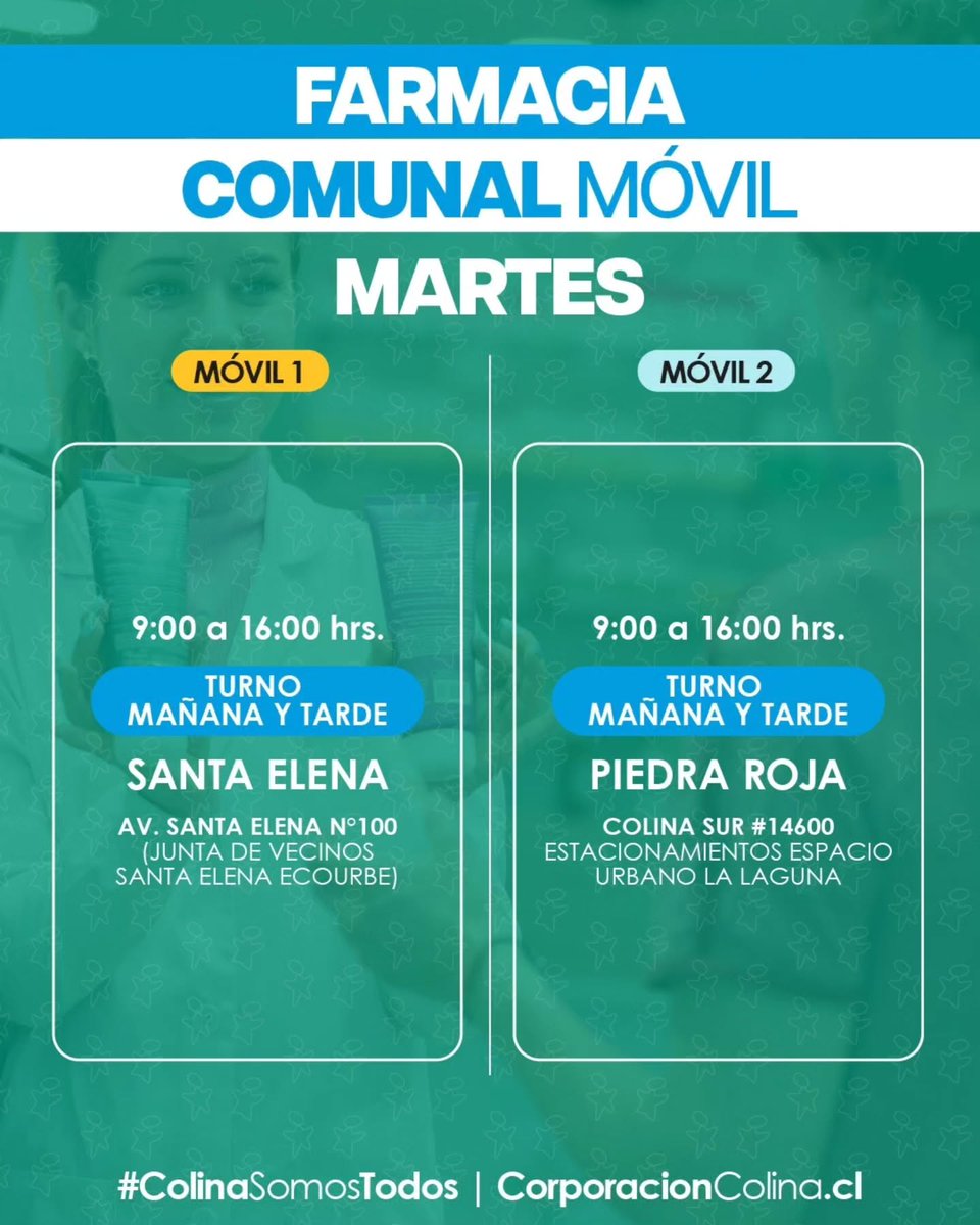 CorpColina's tweet image. 𝗙𝗔𝗥𝗠𝗔𝗖𝗜𝗔 𝗖𝗢𝗠𝗨𝗡𝗔𝗟 𝗠𝗢́𝗩𝗜𝗟 | 𝗠𝗔𝗥𝗧𝗘𝗦
La Corporación Municipal de Desarrollo Social de Colina informa a la comunidad el itinerario de las Farmacias Comunales Móviles para este martes @MuniColina