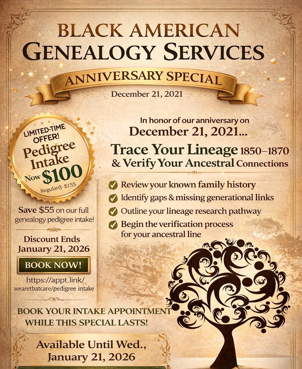 TBATTaskforce's tweet image. 🧬 48-Hour Genealogy Service Special 🧬

Trace your lineage (1850–1870) and begin the verification process with our $100 Pedigree Intake (regularly $155)

This is a limited-time anniversary window.
Legacy starts with clarity.

🔗 Book now: appt.link/wearetbatcare/…
#LegacyWork 🌳🔐