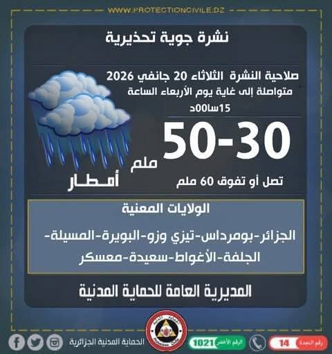 🔴🔴 #نشرية_جوية_خاصة
#الديوان_الوطني_للأرصاد_الجوية
 الحماية المدنية الجزائرية