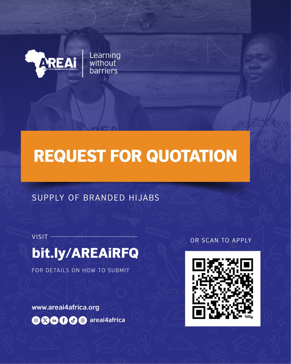 AREAi invites qualified and experienced vendors to submit quotations for the supply of branded hijabs, as specified in the official RFQ guidelines.

AREAi is a youth-led, non-profit organisation working to advance equitable access to quality foundational learning for displaced