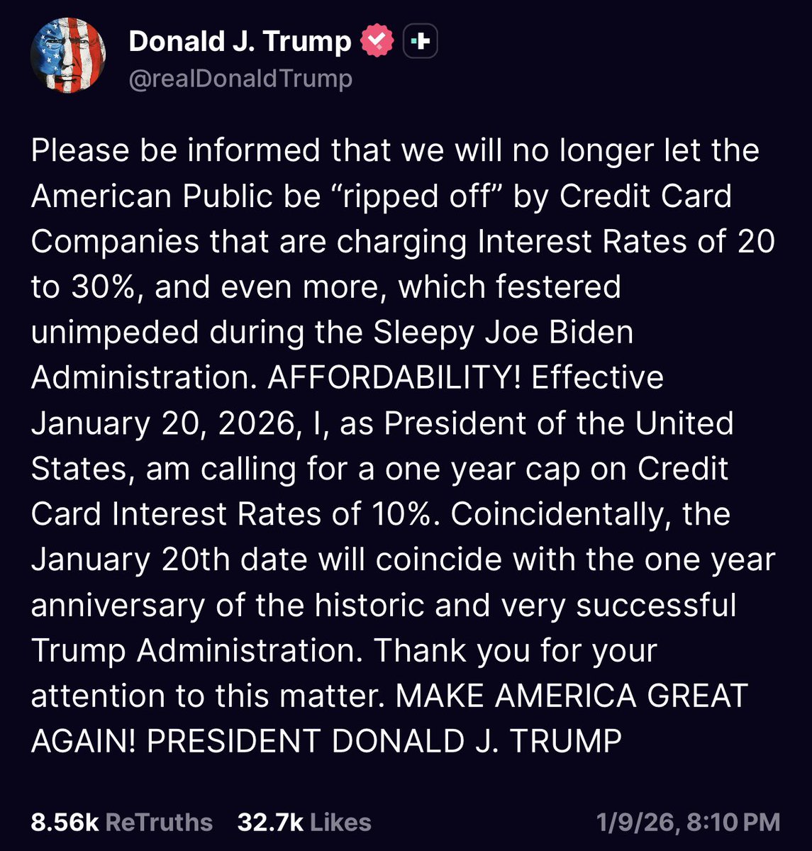 RonFilipkowski's tweet image. The big day is finally here! Today is the day that credit card interest rates for Americans will be capped at 10%, thanks to the leadership of Donald J. Trump. Promises made, promises kept!