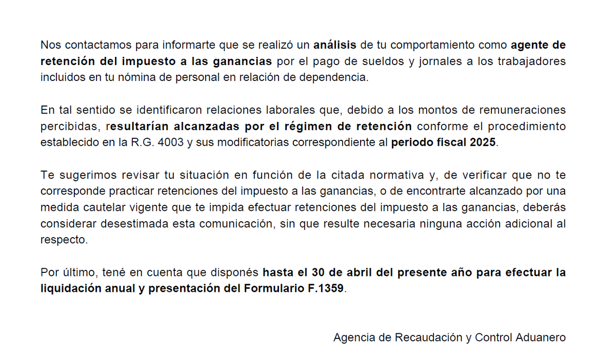 Arrancó campaña de inducción de ARCA para que las empresas "revisen" porque no retuvieron impuesto a las ganancias en los sueldos de empleados!  <a href="/BlogDelContador/">BDC - Blog del Contador</a> <a href="/alerosenfeld/">Alejandro Rosenfeld</a> <a href="/sistemas_jorge/">JORGE EN LA CLANDESTINIDAD</a> <a href="/Contadoresenred/">Contadores en Red</a>