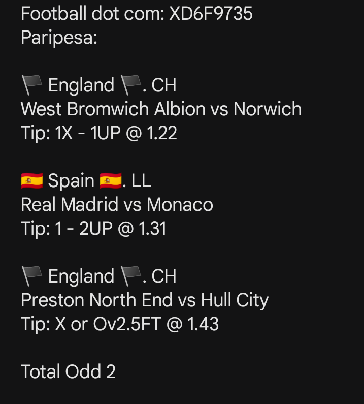 jaysoccertips's tweet photo. Football dot com: XD6F9735
Paripesa:

🏴 England 🏴. CH
West Bromwich Albion vs Norwich
Tip: 1X - 1UP @ 1.22

🇪🇸 Spain 🇪🇸. LL
Real Madrid vs Monaco
Tip: 1 - 2UP @ 1.31

🏴 England 🏴. CH
Preston North End vs Hull City
Tip: X or Ov2.5FT @ 1.43

Total Odd 2

RETWEET THIS AND LIKE https://t.co/5IA46wPREK