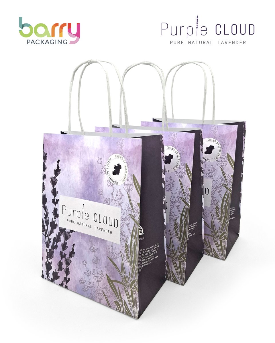 From our family business to yours @purplecloudnaturallavenderoil High quality twist handle carrier bags. Totally in love with this design 😍 #carrierbags #printedpackaging #brandedbags #irishbusiness