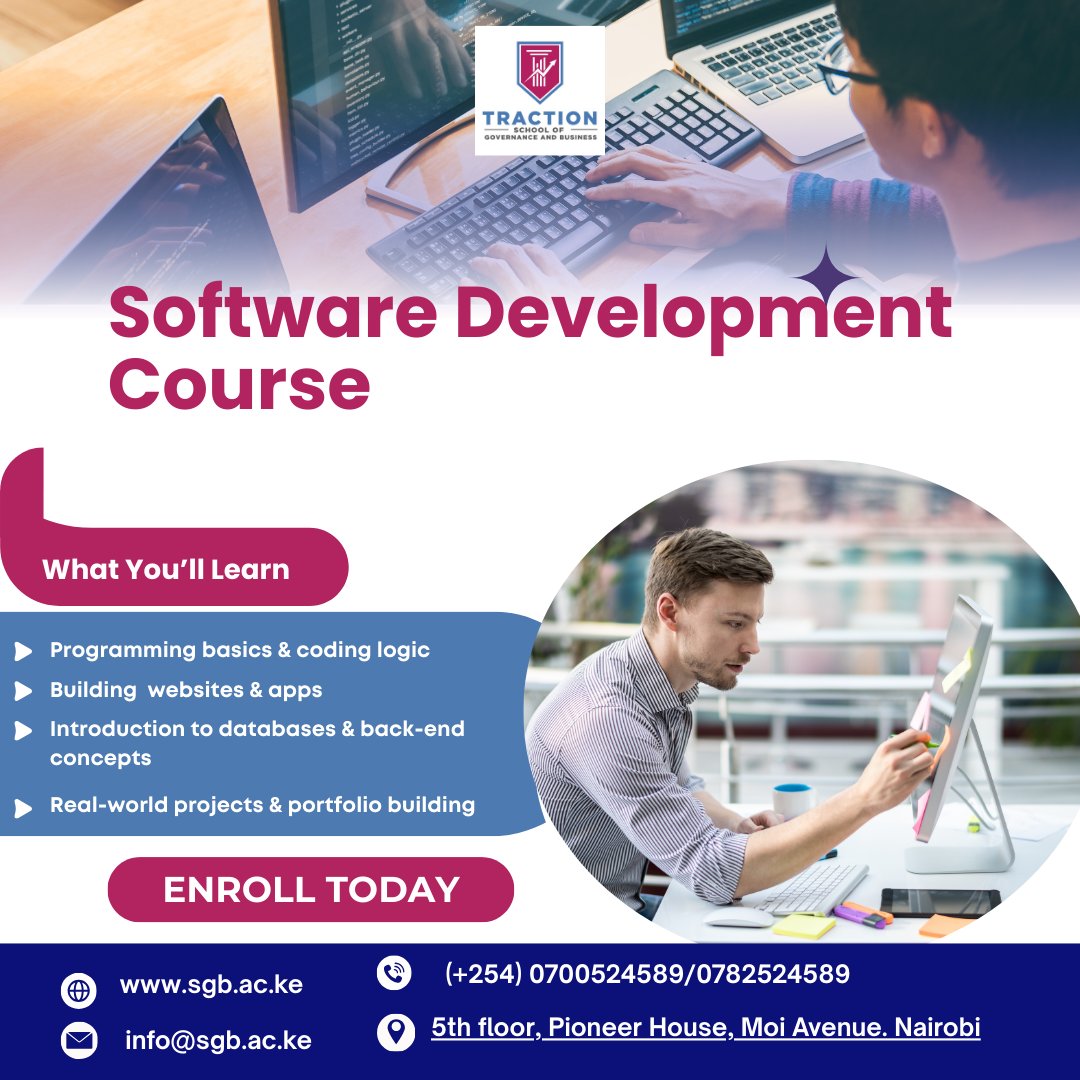 The tech industry rewards skill — not guesswork.
Our Software Development course equips you with core programming knowledge, problem-solving skills, and real-world development practices needed in today’s digital workplaces.
Enroll today: sgb.ac.ke/official-stude…
#tsgb