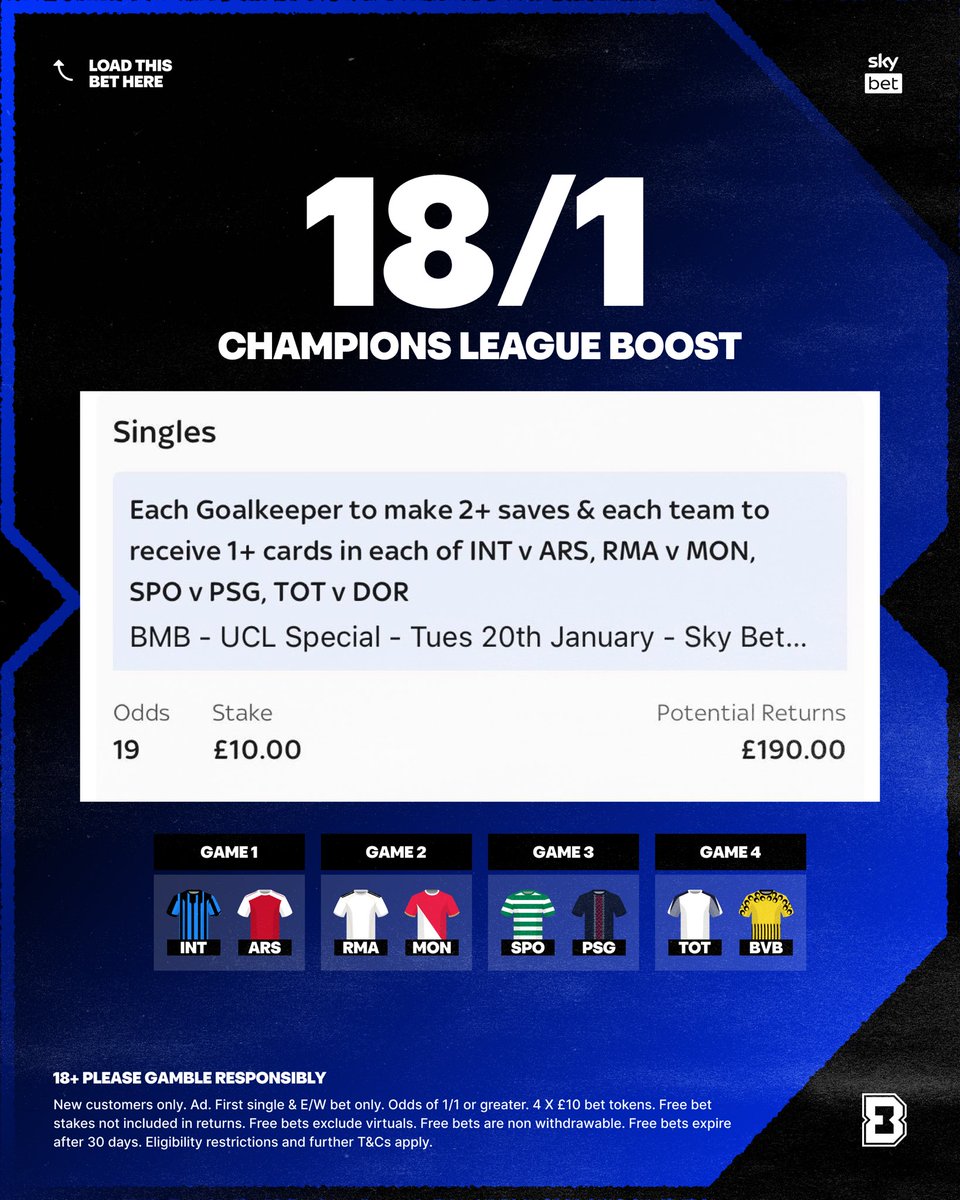 🚀 18/1 UCL BOOST!

📌 Load it: bit.ly/UCL-20-01

Cracking price, this is as low as 9/1 elsewhere.

🎁 Join Sky Bet for the exclusive odds, and claim £40 Free Bets whilst you’re at it.

🔗 Sign up here: bit.ly/SkyBet-40-Free…

Who’s with me? 👉❤️

18+, Ts&amp;Cs Apply. Ad