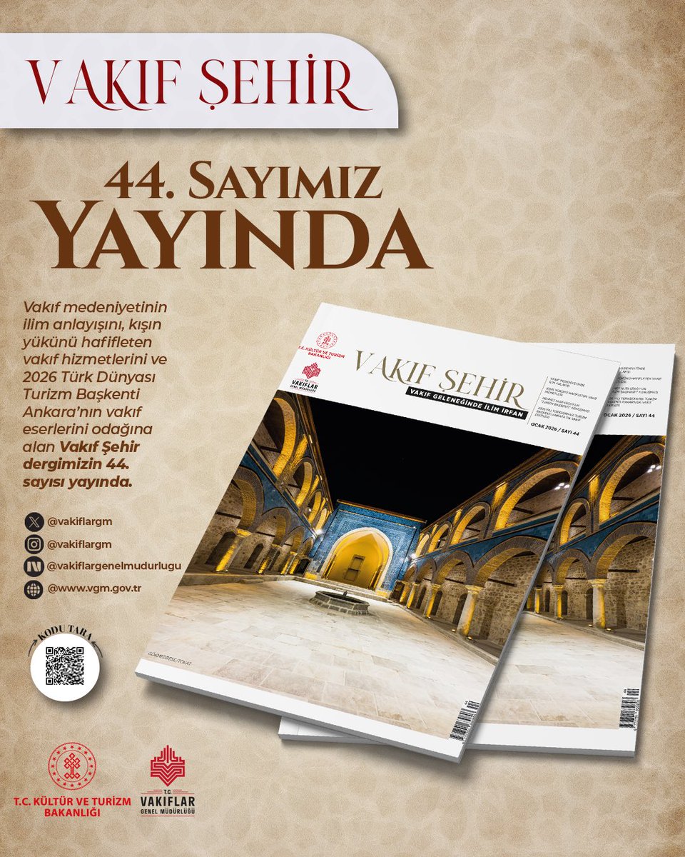 Vakıf medeniyetinin ilim anlayışını, kışın yükünü hafifleten vakıf hizmetlerini ve 2026 Türk Dünyası Turizm Başkenti Ankara’nın vakıf eserlerini konu edinen Vakıf Şehir dergimizin 44. sayısı yayında.

@tckulturturizm #VakıfŞehirDergisi