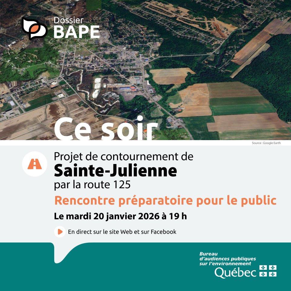 𝗥𝗔𝗣𝗣𝗘𝗟 𝗖𝗘 𝗦𝗢𝗜𝗥 | Rencontre préparatoire pour le public en vue de la consultation publique sur le projet de contournement de Sainte-Julienne par la route 125.

bape.gouv.qc.ca/fr/dossiers/sa…