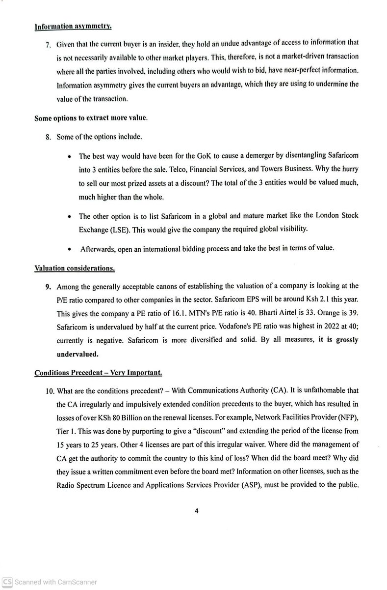 NdindiNyoro's tweet image. Our Memorandum as presented today before the joint Committee of Finance &amp;amp; National Planning and Public Debt &amp;amp; Privatisation on the Proposed sale of GoK's 15% stake in Safaricom, Nairobi, Kenya.

1. Kenya must open up the transaction to international bidders.

2. The valuation is