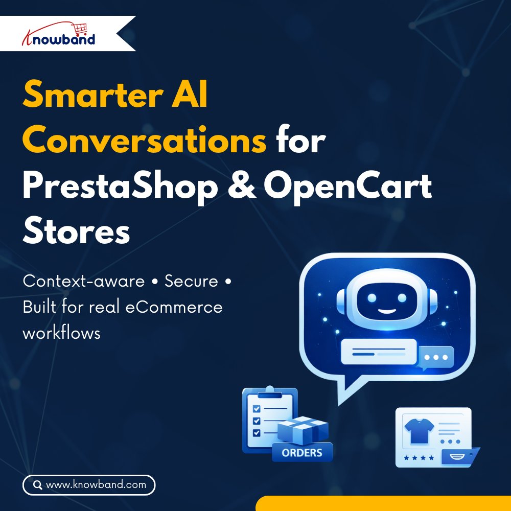 KnowbandPlugin's tweet photo. Smarter AI conversations for PrestaShop &amp; OpenCart 

Knowband’s AI Chatbot combines multi-LLM intelligence, vector search, chat logs, and smart access control, built for real eCommerce workflows.

🔗 https://t.co/od32ynyItx

#AIChatbot #PrestaShop #OpenCart #eCommerce #Knowband https://t.co/ienrHIOlJ4