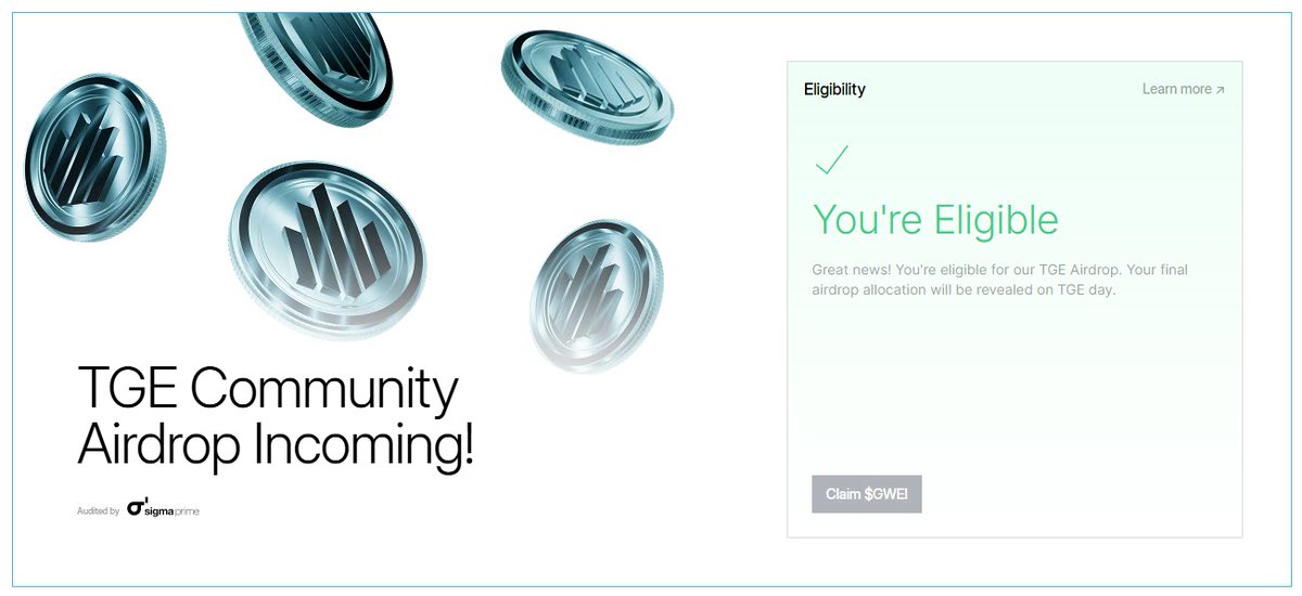 📌 ตามนัด! เช็คสิทธิ์ $GWEI Airdorp 🪂

Check: ethgasfoundation.org/token/

แค่แจ้งว่าได้สิทธิ์หรือไม่แค่นั้นครับ 😅