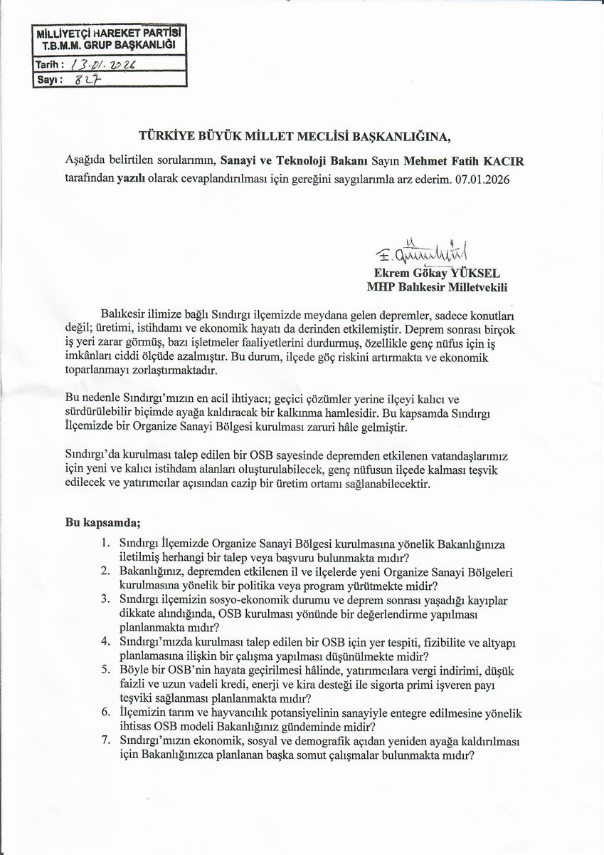 📌 SORUYORUZ, TAKİP EDİYORUZ! 

🏭SINDIRGI İÇİN KALICI ÇÖZÜM: ORGANİZE SANAYİ BÖLGESİ PROJESİ 

Sanayi ve Teknoloji Bakanı Sayın Mehmet Fatih KACIR''a yazılı soru önergemizi verdik. 

📣 Sındırgı OSB Projesi geleceğin, istihdamın ve umutların anahtarıdır. 

Sındırgı için geçici