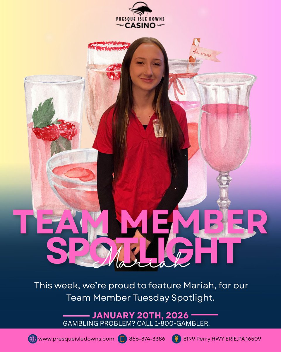 PID_Casino's tweet photo. 🍹 Meet Mariah! Our friendly cocktail server at Presque Isle Downs Casino. Always serving with a smile and making everyone feel at home. Say hi if you see her! 🌟
#TeamMemberTuesday #CasinoStaff #FriendlyFaces
GAMBLING PROBLEM? CALL 1-800-GAMBLER. https://t.co/sXkYOl7hYY