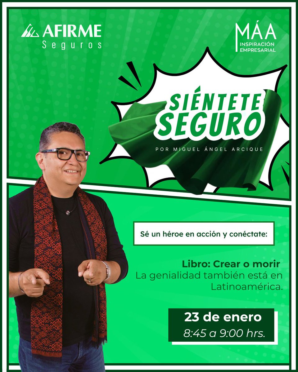 Llega nuestro nuevo programa para analizar libros y películas que inspiran crecimiento, visión y acción. 🎭📚
SIÉNTETE SEGURO CON AFIRME 💚

Libro: Crear o morir

Te esperamos por todas nuestras redes
📅 Fecha: 23 de ENERO
🕗 Hora: 8:45 am
#AFIRME #Arciqueando #ExperienciaArcique