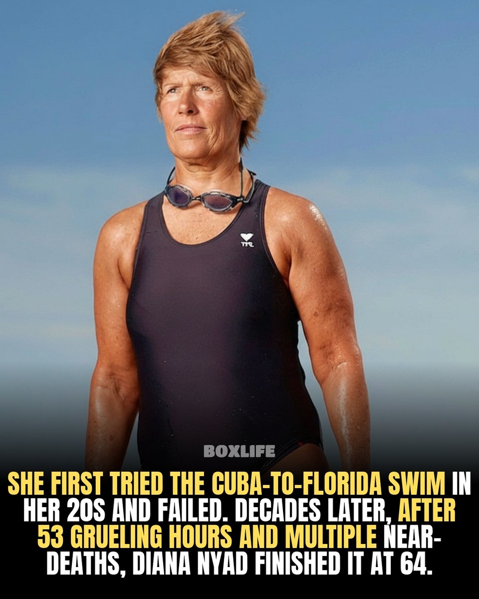 BoxLifeMagazine's tweet photo. At 64, Diana Nyad claimed to become the first person to swim 110 miles from Cuba to Florida without a shark cage https://t.co/DexXR6fyTU