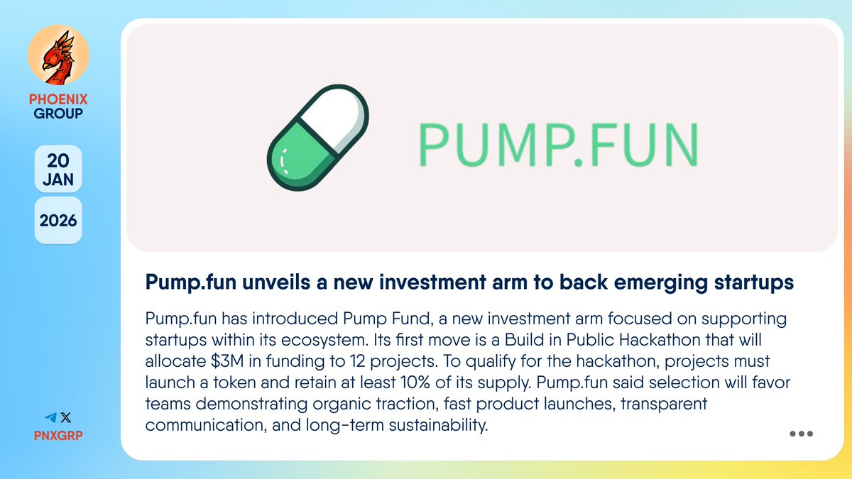 🔥 @Pumpfun unveils a new investment arm to back emerging startups #Pumpfun  has introduced #PumpFund, a new investment arm focused on supporting  startups within its ecosystem. Its first move is a Build