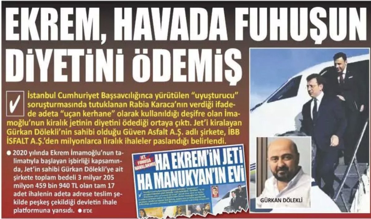 ❇️ Akit gazetesinin haberine göre, 
“Ekrem, havada fuhuş özel jetinin bedelini ihale diyetiyle ödemiş!”