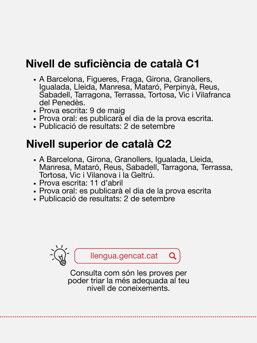 Avui s’obre el termini per inscriure’s a les proves de català de tots els nivells.
⏳ Tens temps fins al 28 de gener.
🔗 A1: web.gencat.cat/ca/tramits/tra…
🔗A2-B1-B2-C1-C2: web.gencat.cat/ca/tramits/tra…
