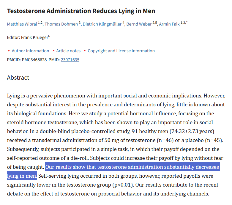 MyProtocols's tweet image. Testosterone administration increases honesty in men.