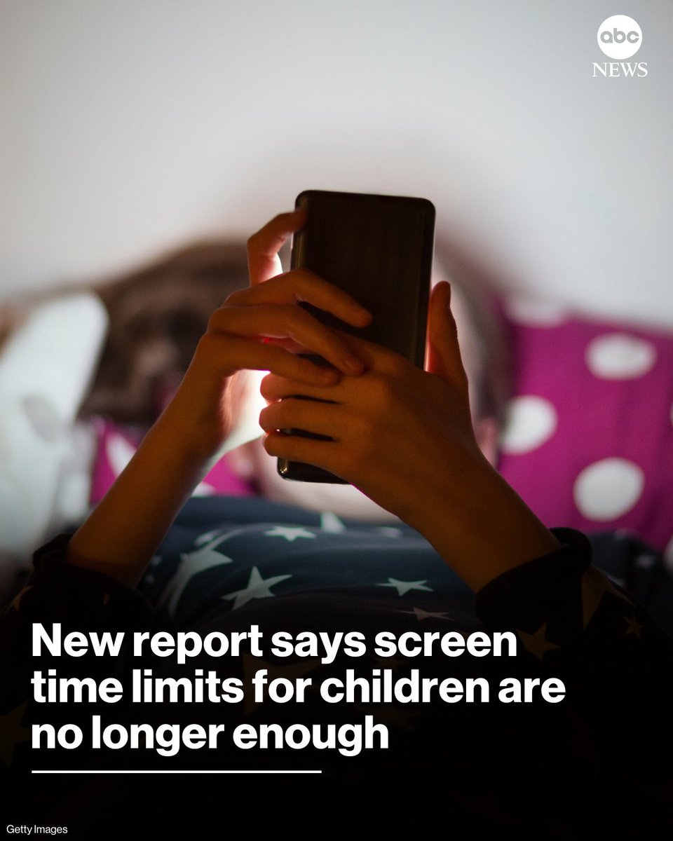 ABC's tweet photo. Children are growing up in an increasingly digital world that affects sleep, learning and mental health, making screen-time limits alone no longer enough, according to new guidance from the American Academy of Pediatrics.

Read more: https://t.co/jkaCbVKwV4 https://t.co/ZoLeoVRVnj