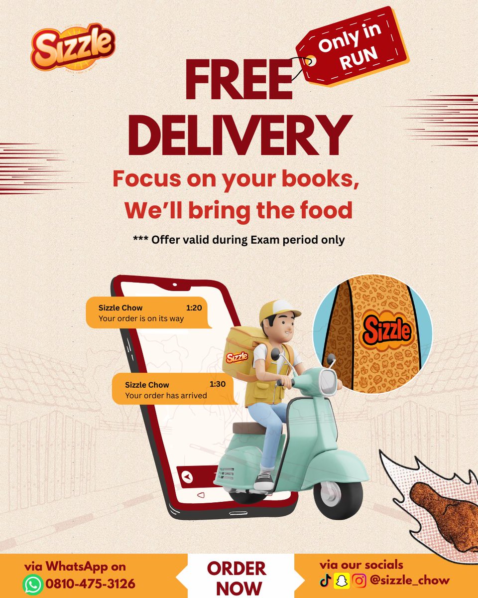 Sizzle_chow's tweet photo. Exams already are hard, meals shouldn’t be. We know you're pulling long hours, so we’re taking delivery fees off your plate!

Focus on those A’s while we handle the cravings. 

Grades up, delivery fees down we’ll bring the sizzle to your study spot.
#Redeemersuniversity #sizzle https://t.co/YJ6dtKYdAe