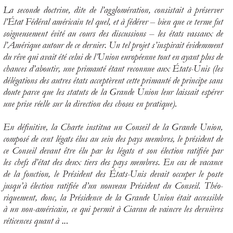 Historionome's tweet photo. Quand j'ai écrit Des Empires et des Hommes  il y a une vingtaine d'années (mais je l'ai publié il y a seulement deux ans), j'imaginais un Président des Etats-Unis qui établirait son pouvoir personnel à l'échelle mondiale en créant un Conseil de la Grande Union qui surplomberait toutes les institutions internationales et absorberait progressivement l'ONU. 

Donald Trump est apparemment le vrai Alexander Ciaran. 

https://t.co/Y96OgO3uAz