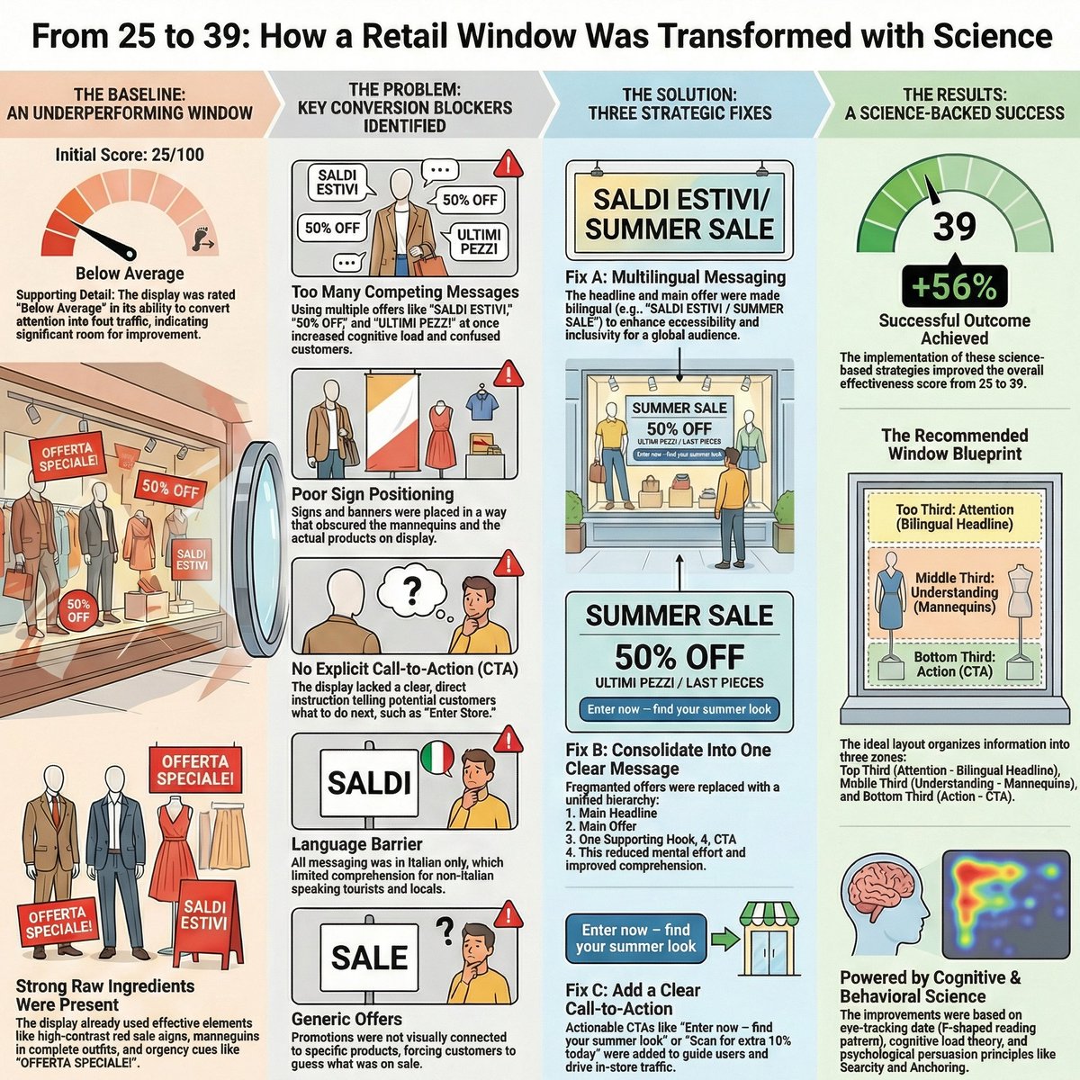Your window has seconds. Too many messages = lost foot traffic. 

Real case: 25/100 → 39/100 with clearer hierarchy, better sign placement, and a direct CTA (+ bilingual line). 

Blueprint + copy examples 👇

#VisualMerchandising #RetailMarketing