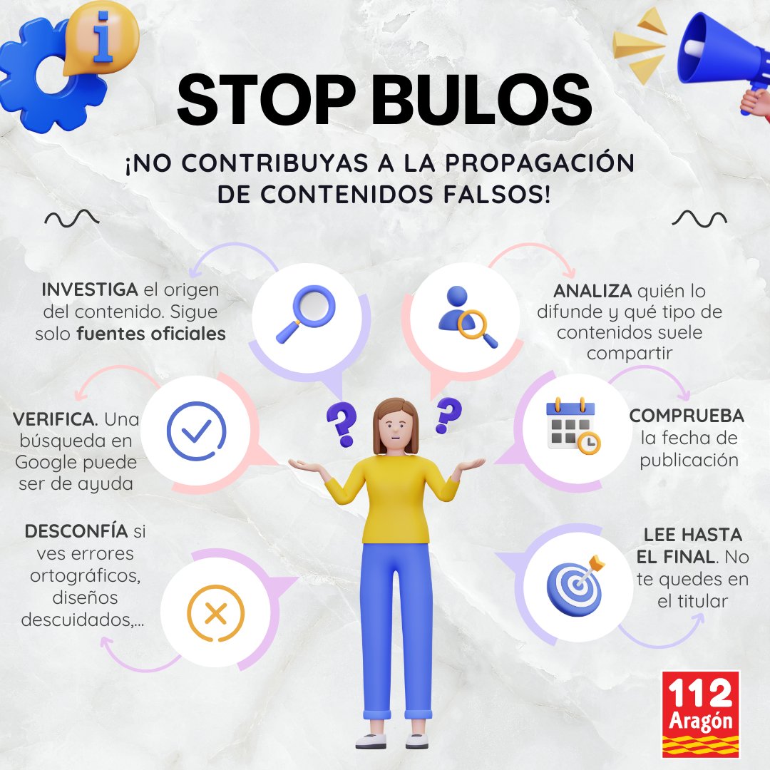 112Aragon's tweet image. En situaciones de #emergencia, los bulos y la desinformación son un grave problema añadido. ¡Sé responsable y no contribuyas a su propagación! 
Consulta solo fuentes oficiales y no compartas contenidos sin verificar.
#STOPBULOS