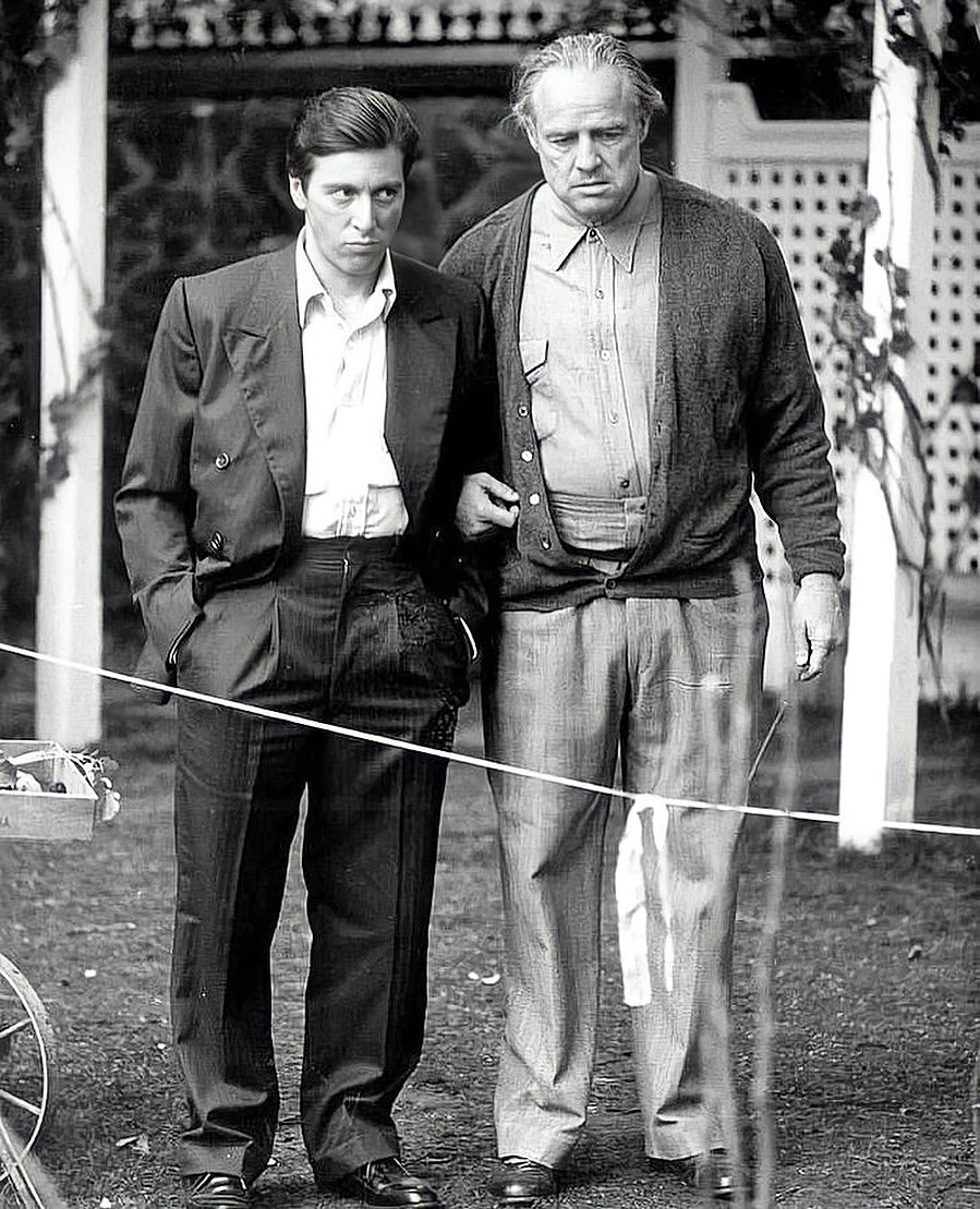 AlexTran677026's tweet photo. Marlon Brando and Al Pacino on the set of The Godfather (1972), dir. Francis Ford Coppola https://t.co/TZKQ4JbeTO