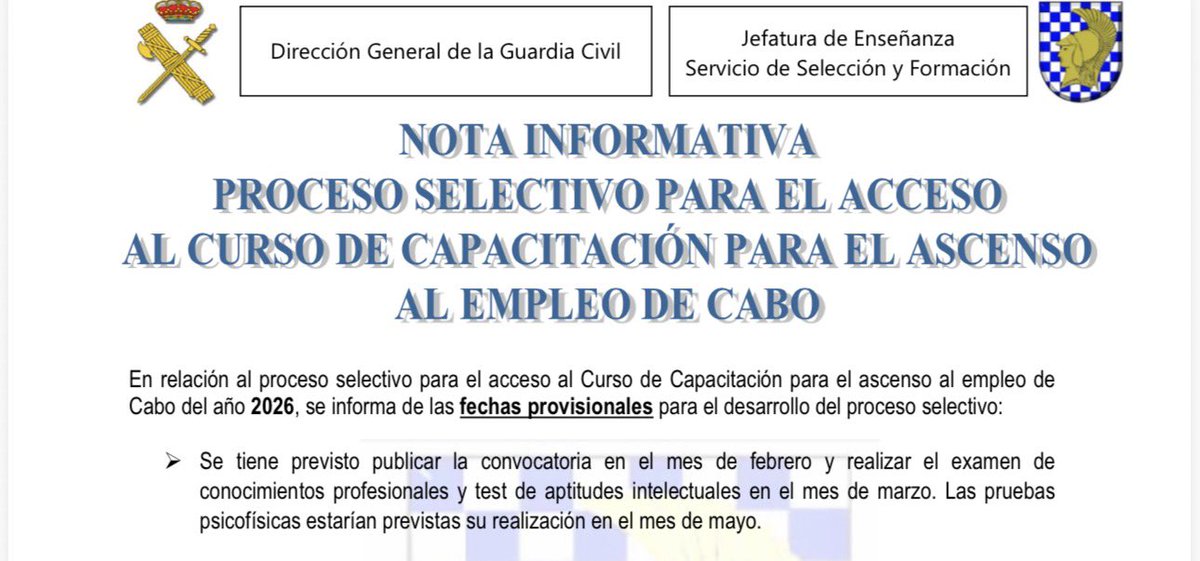 apcabos's tweet photo. 📢 Información importante para #Cabos 2026🚨🚨
La Jefatura de Enseñanza confirma fechas provisionales del proceso selectivo:
🗓 Convocatoria: febrero
📝 Examen de conocimientos y aptitudes: marzo
💪 Pruebas psicofísicas: mayo
@guardiacivil @apcabos 
#PoryParaLosCabos https://t.co/I6VjJEr5K8