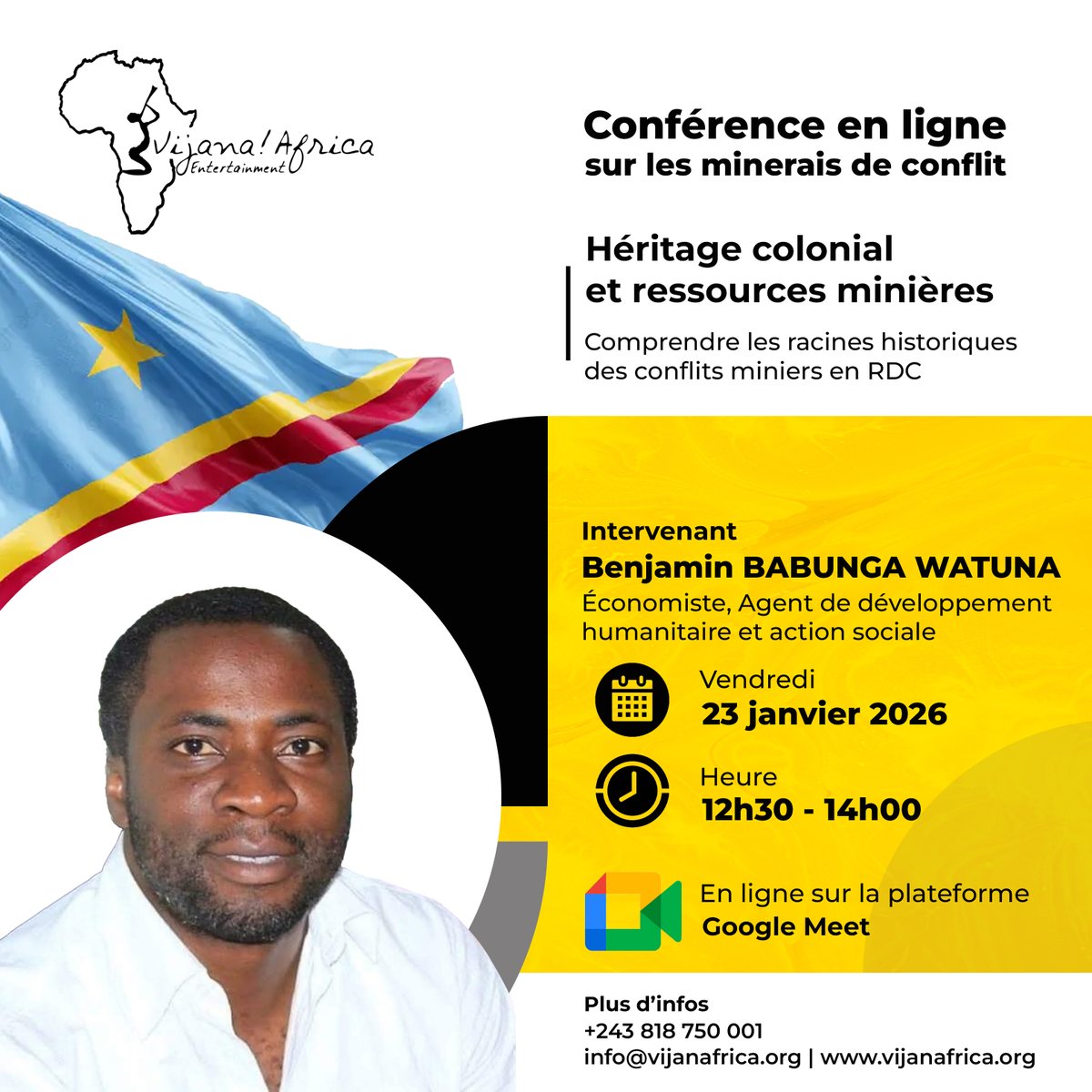 VijanAfrica's tweet photo. #2026 s’ouvre avec un Webinaire sur les minerais de conflit

Comprendre les racines historiques des conflits miniers en RDC, interroger l’héritage colonial et repenser la gestion des ressources naturelles

Avec @benbabunga, 23 janvier 2026, 12h30 – 14h00, en ligne sur GoogleMeet https://t.co/hh8IvuH8Tl