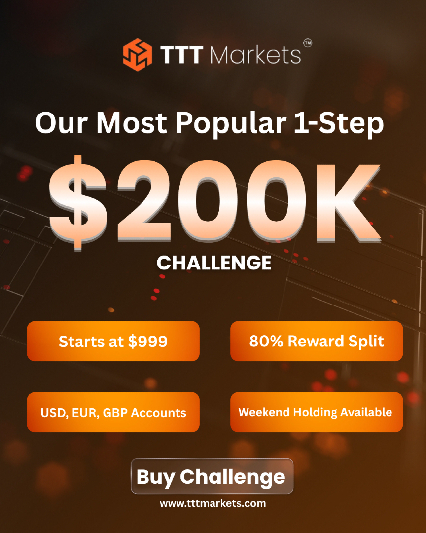 Our most popular $200K 1-Step Challenge is live 🚀

✔ Starts at $999
✔ 80% reward split
✔ USD, EUR &amp; GBP accounts
✔ Weekend holding allowed

Ready to trade big?
👉 tttmarkets.com