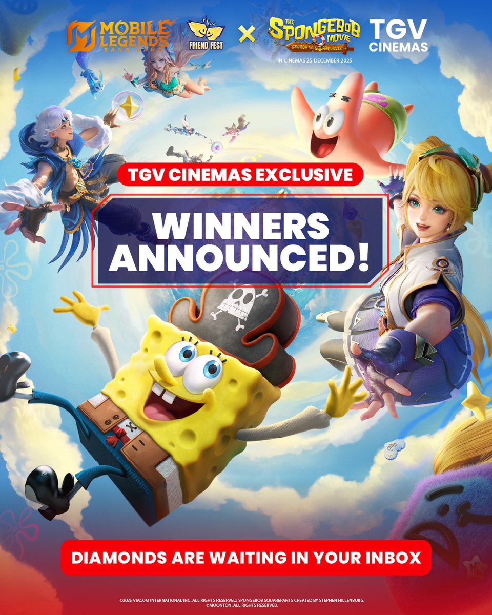TGVCinemas's tweet photo. TGV X MOBILE LEGENDS: BANG BANG X SPONGEBOB - Phase 2 Winners Have Been Announced 💎
If you're one of the winners, don't forget to check your e-mail for updates!
#SatuMinitSatuGame #MLBBFriendFest #MLBBxSpongeBob #MLBB #MobileLegendsBangBang #SearchforSquarePants #TGVxMLBB https://t.co/uLb7E2ZmRE