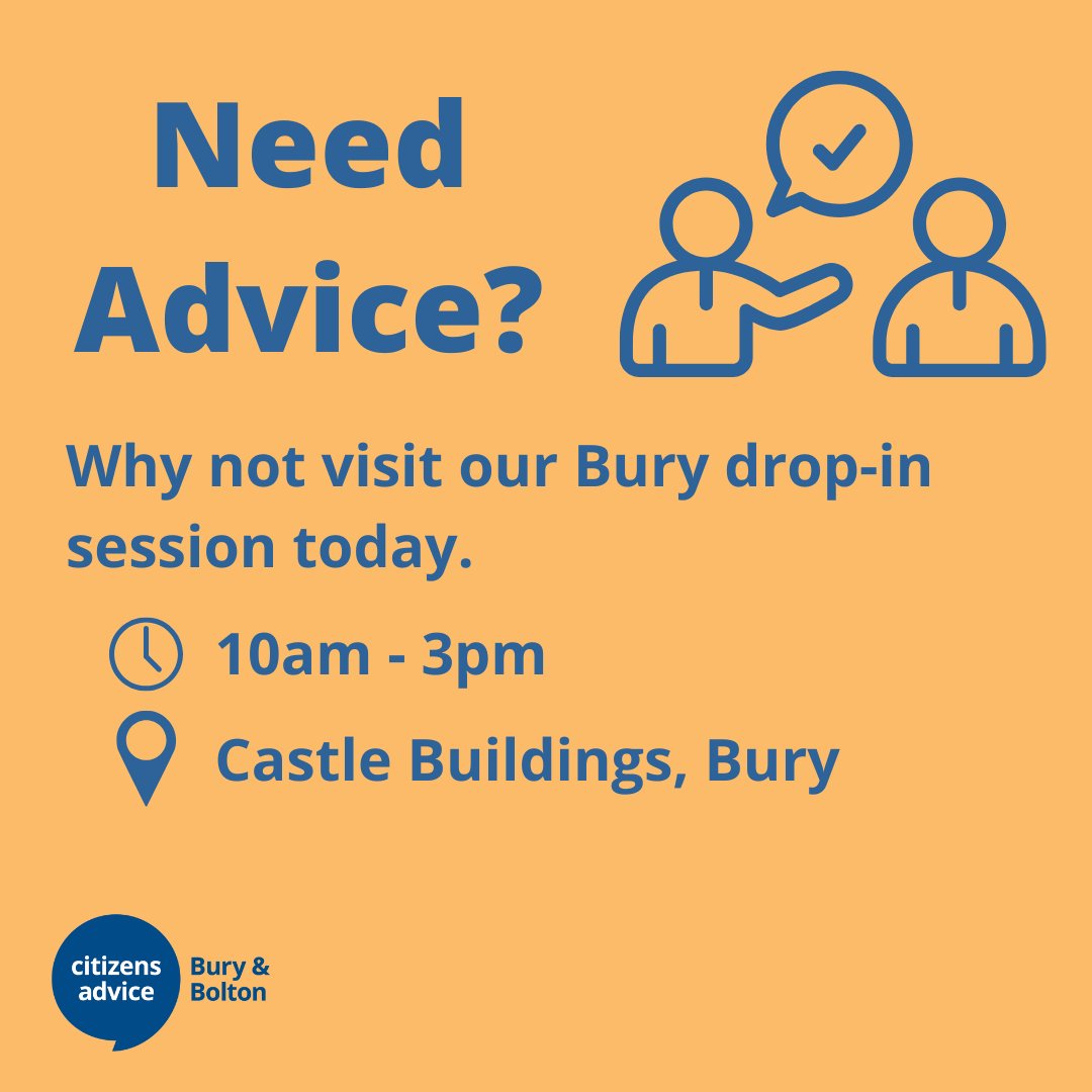 CABuryandBolton's tweet photo. ✨Our Bury drop-in is open today!✨

We offer specialist advice in:
•Money Advice &amp; Energy
•Welfare Benefits
•Housing
•Community Care

If you need advice, we're here to help you find a way forward.

🗓️ Tuesdays, 10am - 3pm 
📍 First Floor, 5-10 Market Pl, Bury, BL9 0LD https://t.co/3MFLezgcEG