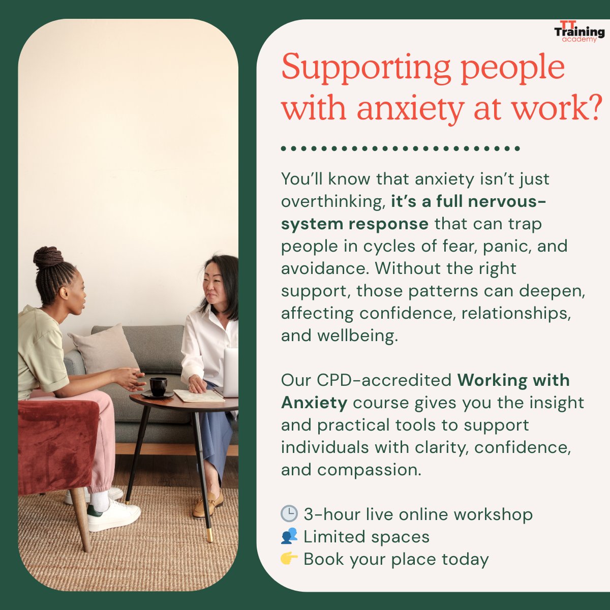 Our CPD-accredited Working with Anxiety course gives you practical tools to support individuals with confidence, not guesswork.

🕒 3 hours | Live online | Limited spaces

Support better. Feel more confident.

 Book now 👉 tttrainingacademy.com/courses/workin…

#workplaceanxiety #cpd #anxiety