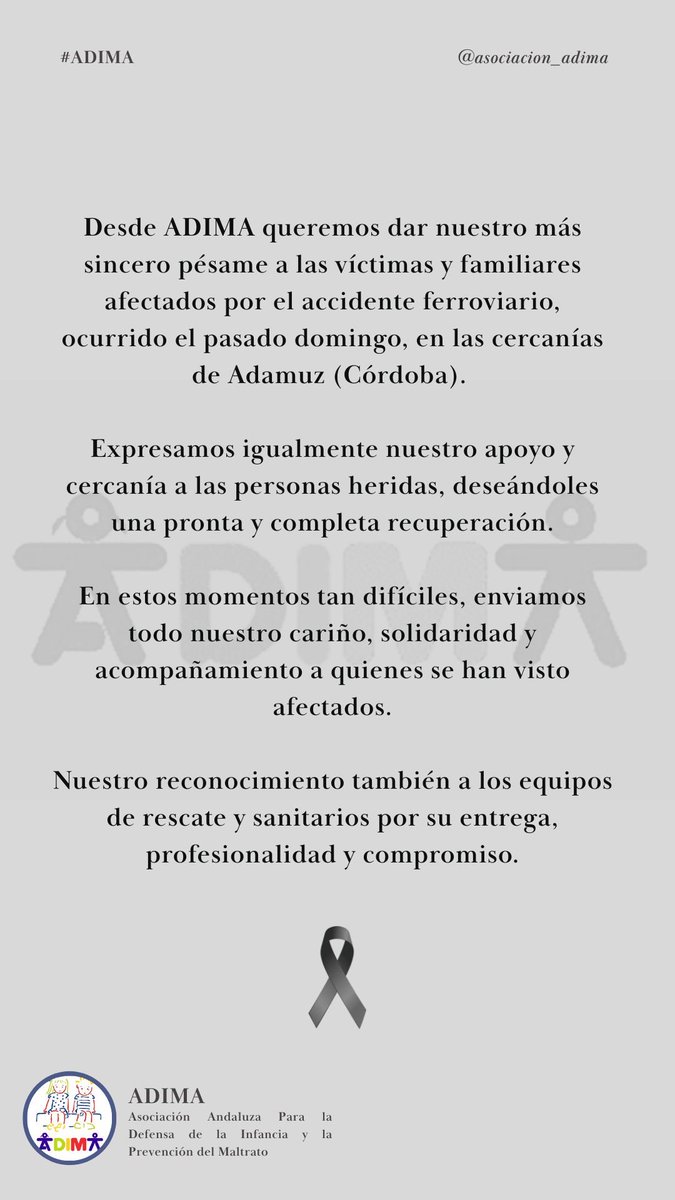 Desde ADIMA queremos dar nuestro más sincero pésame a las víctimas y familiares afectados por el accidente ferroviario, ocurrido el pasado domingo, en las cercanías de Adamuz (Córdoba).
