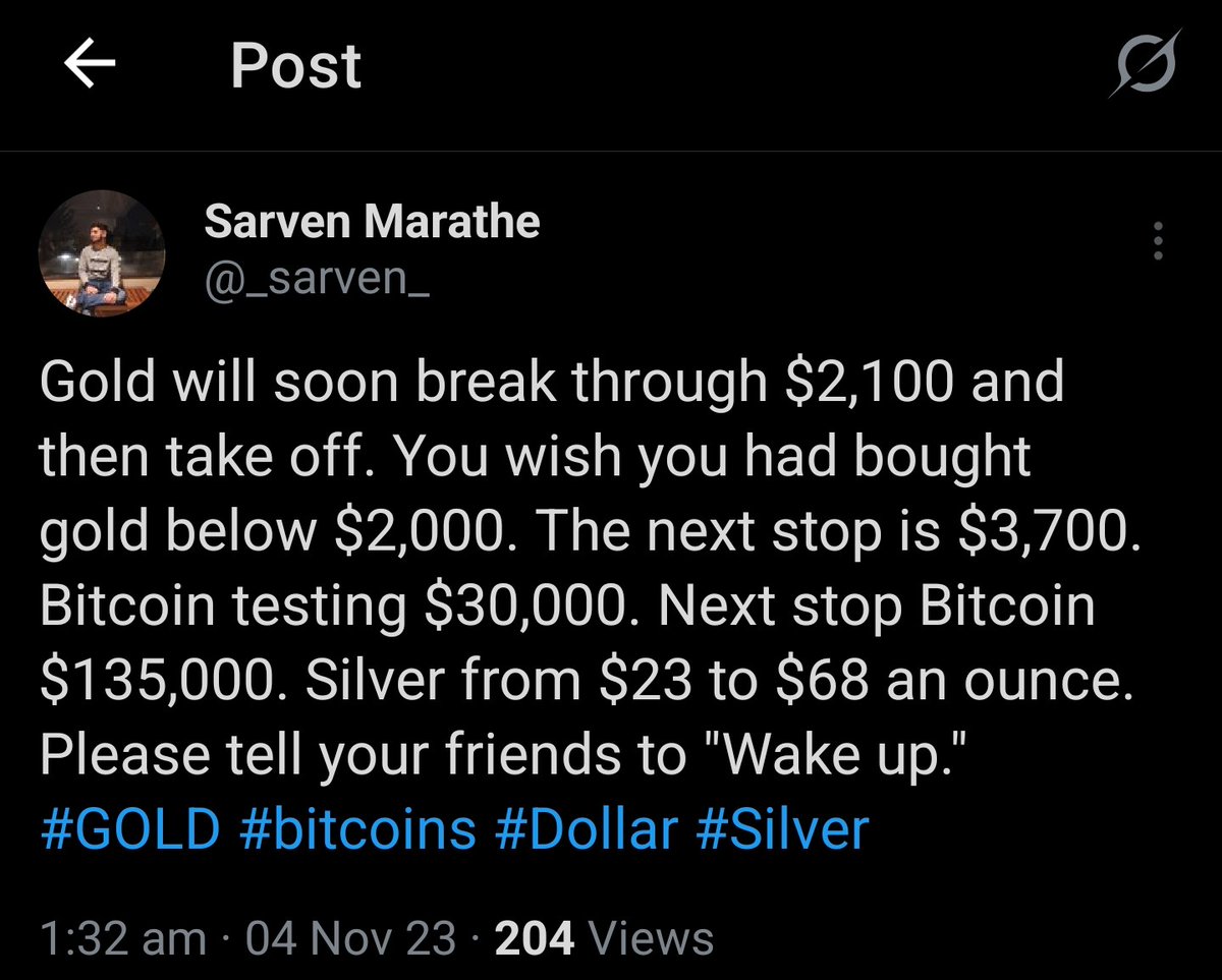 _sarven_'s tweet photo. This post is of 4th Nov 2023. At that time Gold was 2100$ per ounce and Silver was 68$ per ounce.
26 months after this post you can see Gold at 4700$ per ounce and Silver at 95$ per ounce.
Even now it's a wake up call for investing in Gold and Silver.
#GOLD #silver #investment https://t.co/TUfWQbaOME