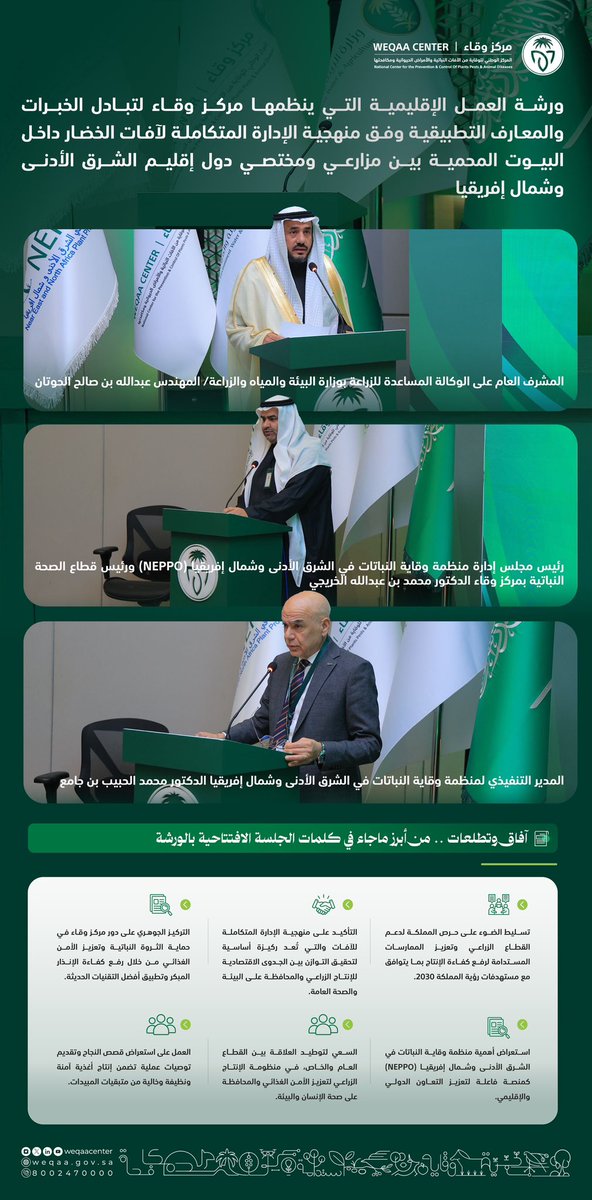 WeqaaCenter's tweet photo. أبرز ما جاء في كلمات الجلسة الافتتاحية للورشة الإقليمية التي ينظمها مركز #وقاء، بالتعاون مع @MEWA_KSA ومنظمة وقاية النباتات في الشرق الأدنى وشمال إفريقيا #NEPPO لتبادل الخبرات وتعزيز منهجيات الإدارة المتكاملة لآفات الخضار في البيوت المحمية؛ دعماً لاستدامة القطاع الزراعي. https://t.co/uSoQ2MxvKK
