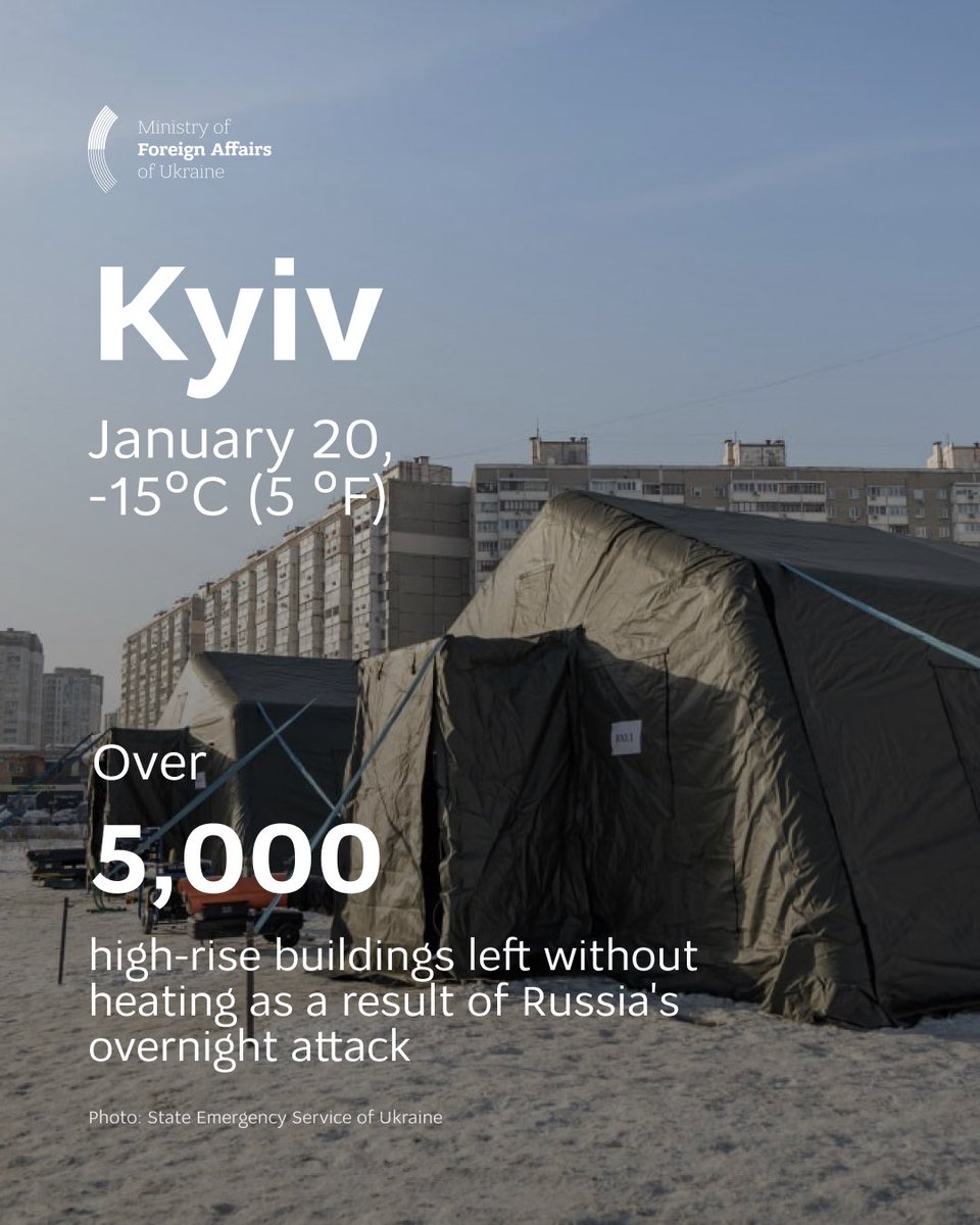 Russia's overnight strike on Ukraine's capital left 5,635 apartment buildings without heating. 

Almost 80% of them are buildings where heat supply had already been restored after Russian attack on January 9. 

The eastern bank of Kyiv currently remains without water supply.