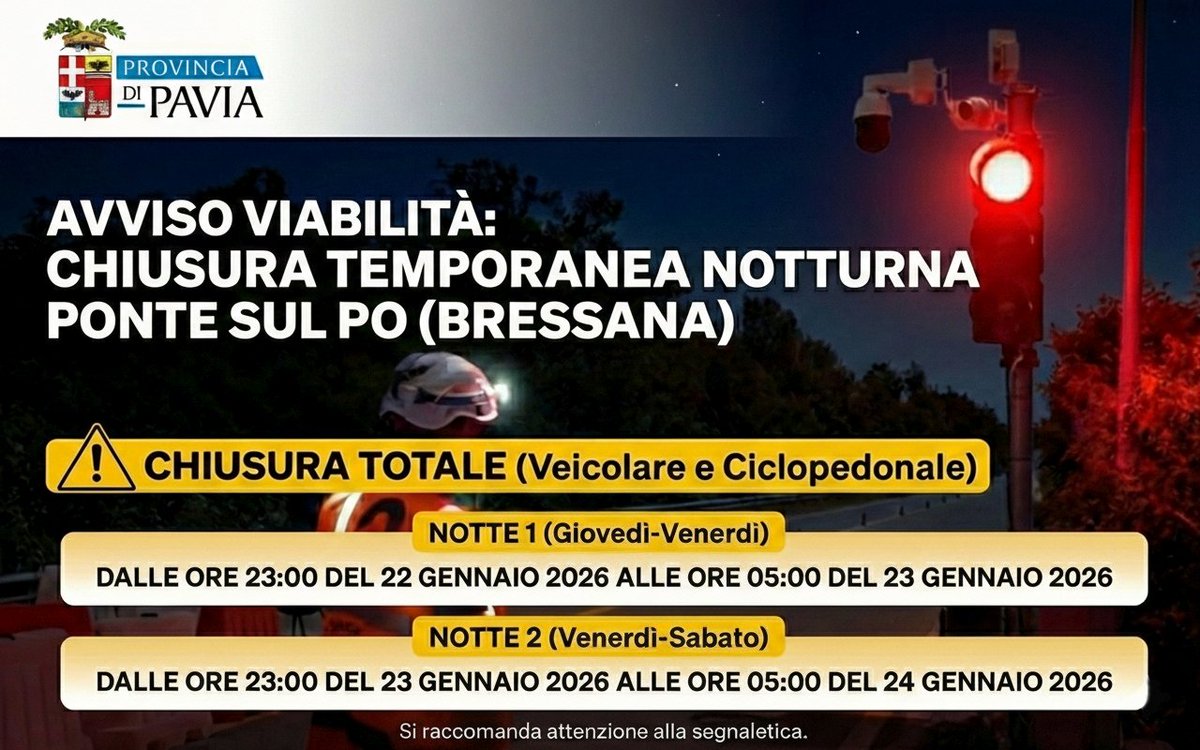 🚧Chiusura temporanea notturna del ponte sul fiume Po di Bressana SP ex SS 35 dei Giovi, interessato dai lavori nei giorni:
• 22 gennaio 2026 | 23–5
• 23 gennaio 2026 | 23–5
Per lavori sull’impalcato stradale del ponte. Durante gli orari indicati il tratto non sarà percorribile