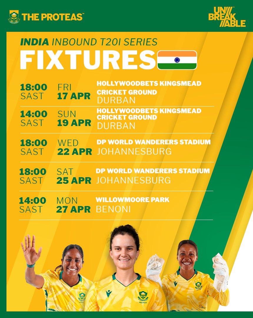 ProteasWomenCSA's tweet photo. FIXTURE ANNOUNCEMENT 🚨

Cricket South Africa (CSA) is pleased to announce an inbound T20 International (T20I) series between World Cup finalists, the Proteas Women and India, scheduled to take place in Durban, Johannesburg and Benoni from 17 - 27 April 2026.

The five-match T20I series will get underway with two fixtures at the Hollywoodbets Kingsmead Stadium on 17 and 19 April. The action will then move to the DP World Wanderers Stadium, which will host back-to-back matches on 22 and 25 April, before the series concludes with the fifth and final T20I at Willowmoore Park in Benoni on 27 April.

This series will serve as the Proteas Women’s final official assignment ahead of the ICC Women’s T20 World Cup 2026, which begins on 12 June in England. At the global showpiece, South Africa have been drawn in Group 1 alongside Australia, Pakistan, India and two teams from the qualifiers.

#Unbreakable