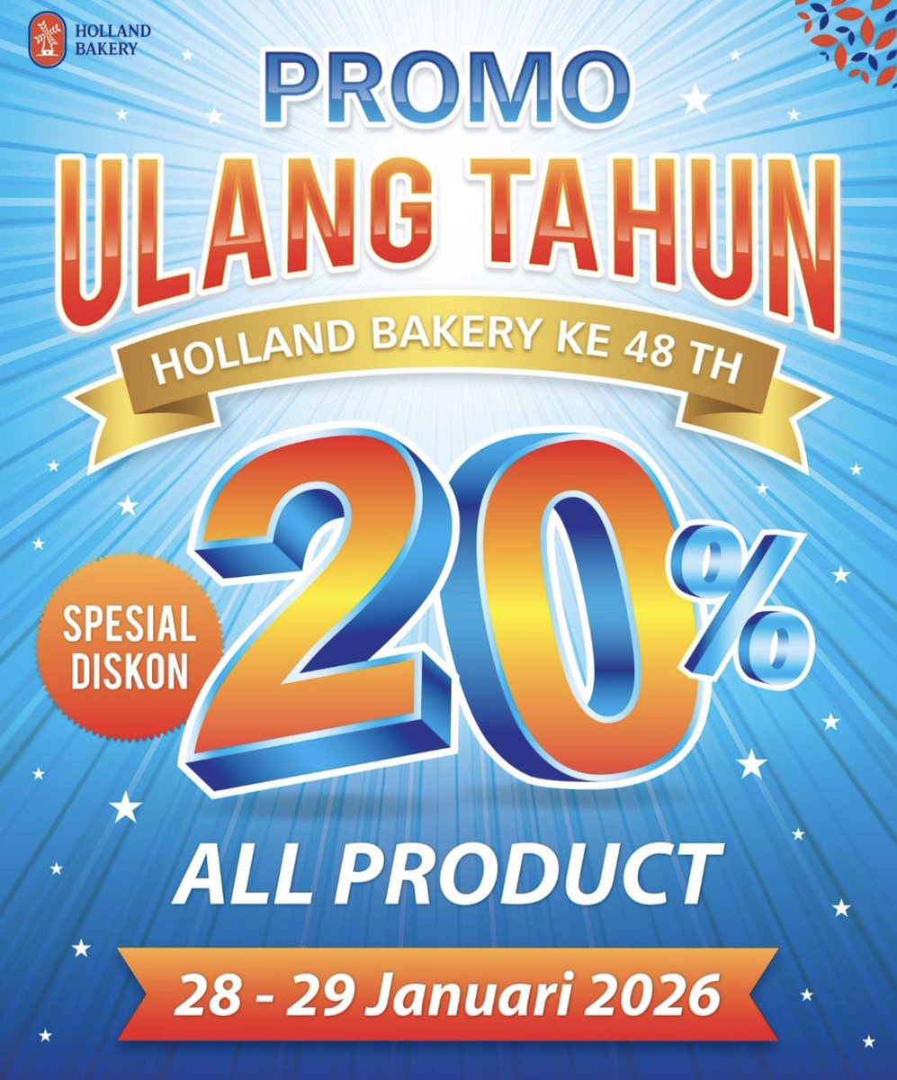 centraljavaspot's tweet image. DISKON SPESIAL 20% ** UNTUK ALL PRODUCT **

Berlaku: 28 - 29 Januari 2026

Syarat &amp;amp; Ketentuan:

* Berlaku untuk seluruh produk Holland Bakery, kecuali lapis,kue kering, dan parsel.

* Hanya berlaku untuk pembelian di toko, Apps HB &amp;amp; Vending Machine.