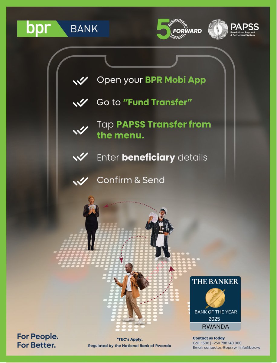 Great News! 
You can now send money across Africa easily with PAPSS on #BPRMobiApp.

Download it today via PlayStore and follow prompts. 

#ForPeopleForBetter
#50Forward
