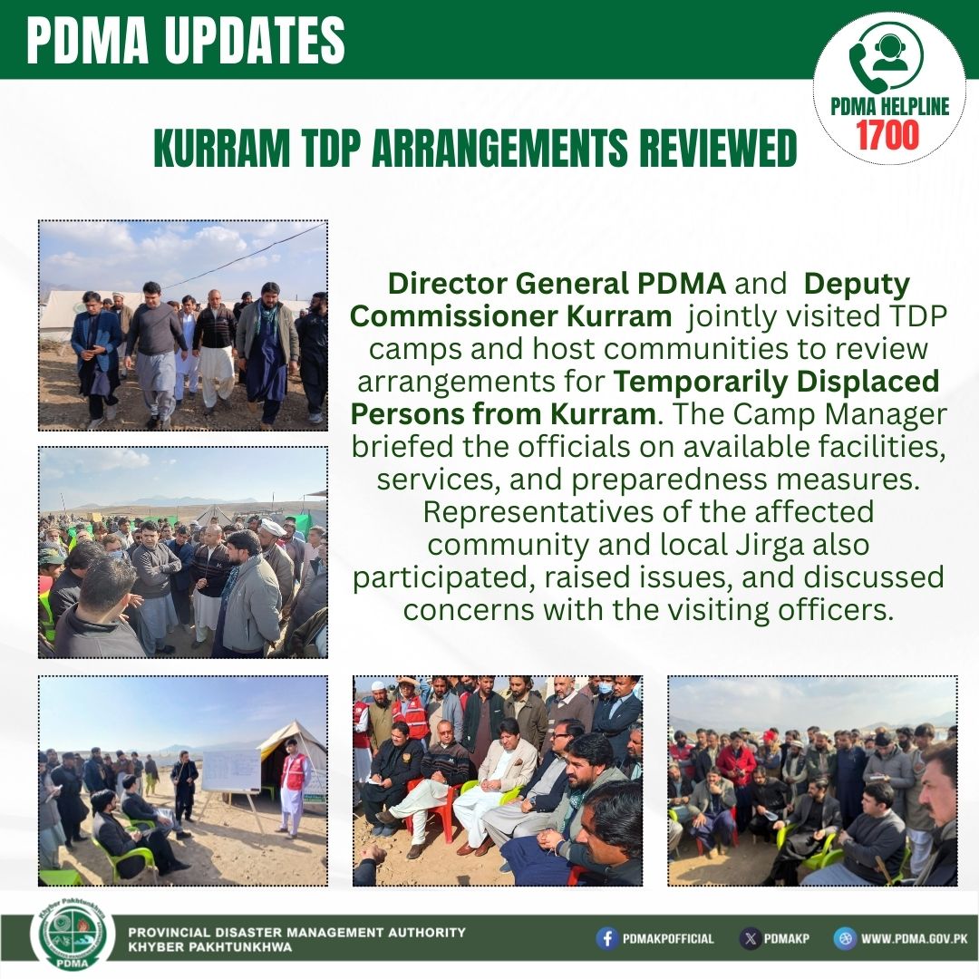PDMAKP's tweet photo. Director General PDMA and Deputy Commissioner Kurram jointly visited TDP camps and host communities to review arrangements for Temporarily Displaced Persons from Kurram.
#pdmakp #pdmaupdates #Tdps
@KPChiefMinister @CSKPOfficial @DCKurram @Arifulah86 @infokpgovt https://t.co/3Tld12Mbh3