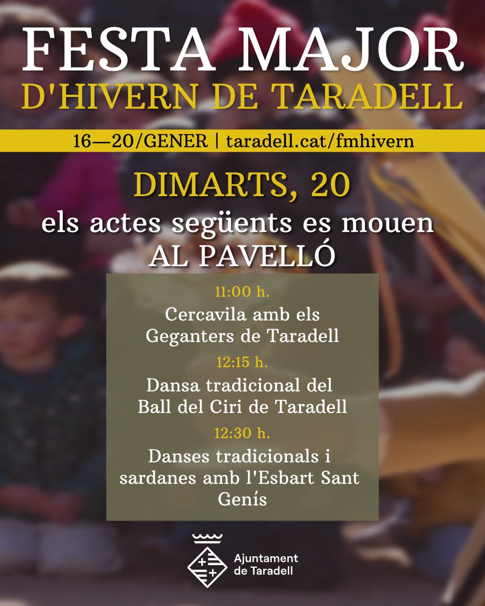 AVÍS! Els següents actes de Festa Major d'avui a #Taradell, es mouen al Pavelló:

Cercavila de Gegants, Ball del Ciri, Danses Tradicionals i Sardanes amb l'Esbart.

Tota la informació ampliada a taradell.cat/fmhivern.