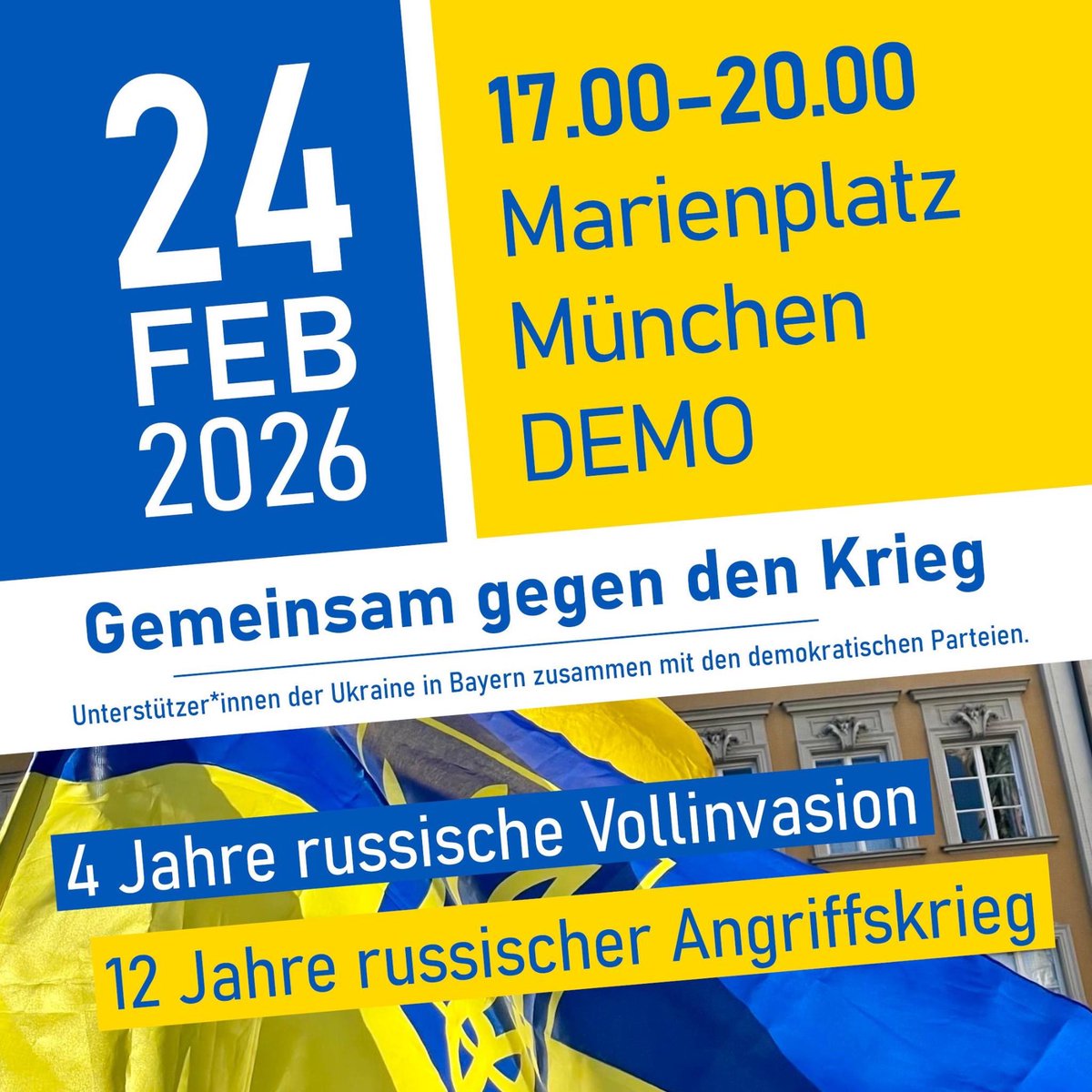 Eine ereignisreiche Zeit steht bevor. 
Die Münchner Sicherheitskonferenz und der 4. Jahrestag der Vollinvasion stehen bevor. Zeigt, dass Ihr wie am ersten Tag zur Ukraine steht. 

...am 12.2. nachmittags haben wir zudem ein außergewöhnliches Event in München. Vormerken!