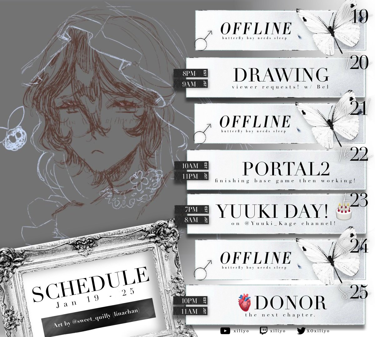 XOxiliyo's tweet photo. ʚ WEEK OF JANUARY 19 - 25 ɞ
@KageYuuki birthday this week! ♡
▪︎ General : #Xiliyo
▪︎ Clips : #XiliyoUnveiled
▪︎ Live : #XiliyOnAir
▪︎ Art : #Xiliyart
▪︎ NSFW : #XXXiliyo
▪︎ Fans : #flutterbys https://t.co/O9mgCLXJxV