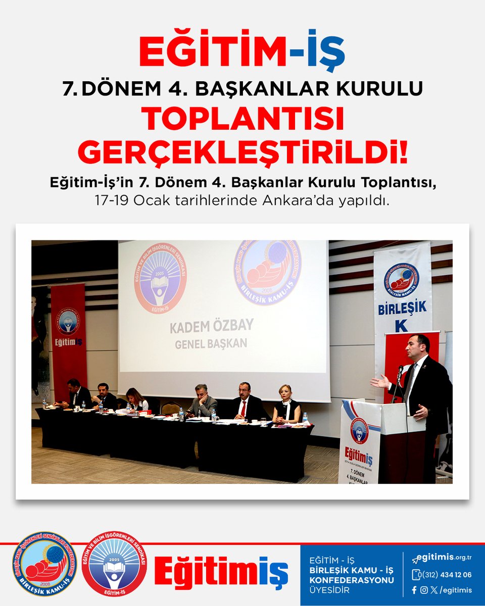 Eğitim-İş’in 7. Dönem 4. Başkanlar Kurulu Toplantısı, 17-19 Ocak tarihlerinde Ankara’da yapıldı.

Toplantı öncesi salonda bulunan tüm üyelerimize, hazırlamış olduğumuz “7. Dönem 4. Başkanlar Kurulu Çalışma Raporu” sunuldu.

Genel Başkanımız Kadem Özbay’ın açılış konuşmasıyla