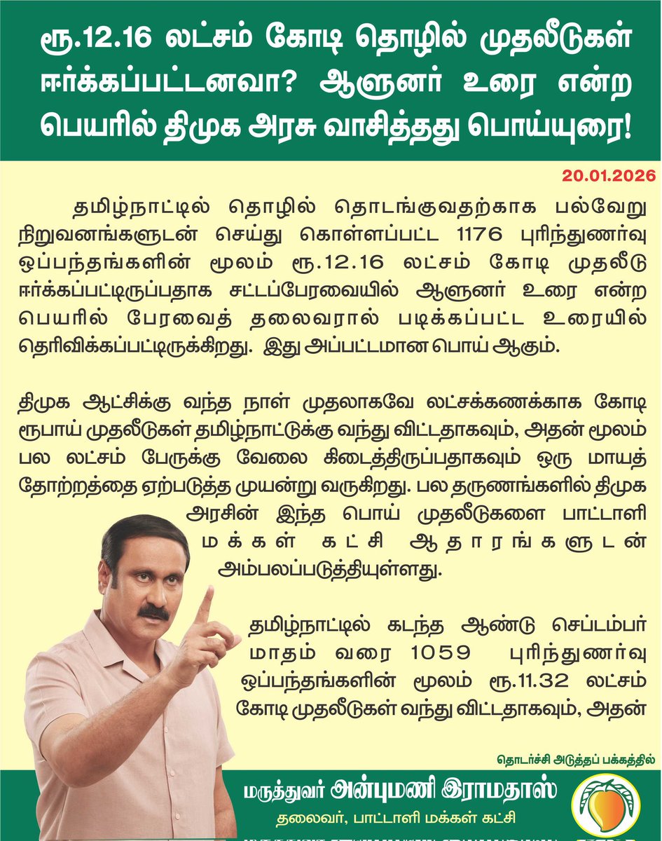 draramadoss's tweet photo. ரூ.12.16 லட்சம் கோடி தொழில் முதலீடுகள் ஈர்க்கப்பட்டனவா? ஆளுனர் உரை என்ற பெயரில் திமுக அரசு வாசித்தது பொய்யுரை! @CMOTamilnadu https://t.co/04eOAXWVfr